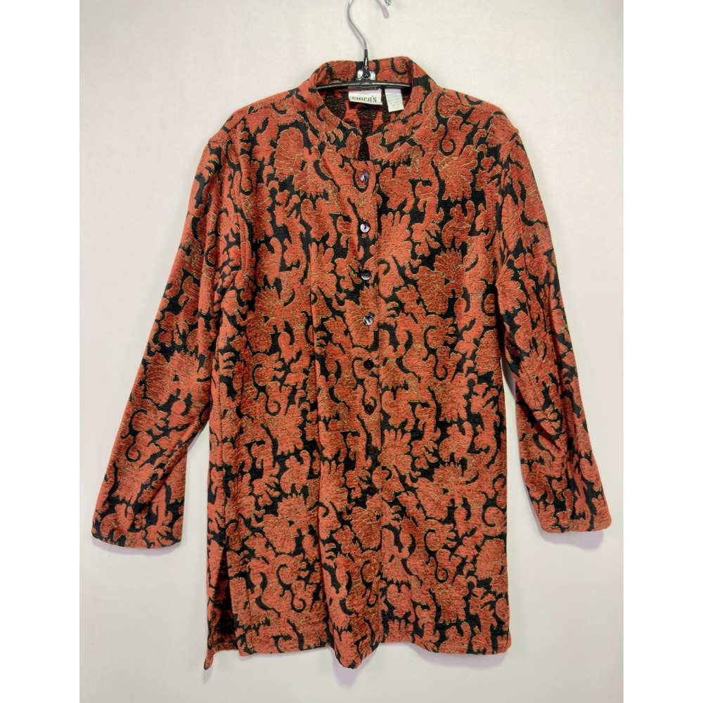 VTG Chicos Design Size 1 Tapestry Jacket Red Black Floral Long Art To Wear Boho